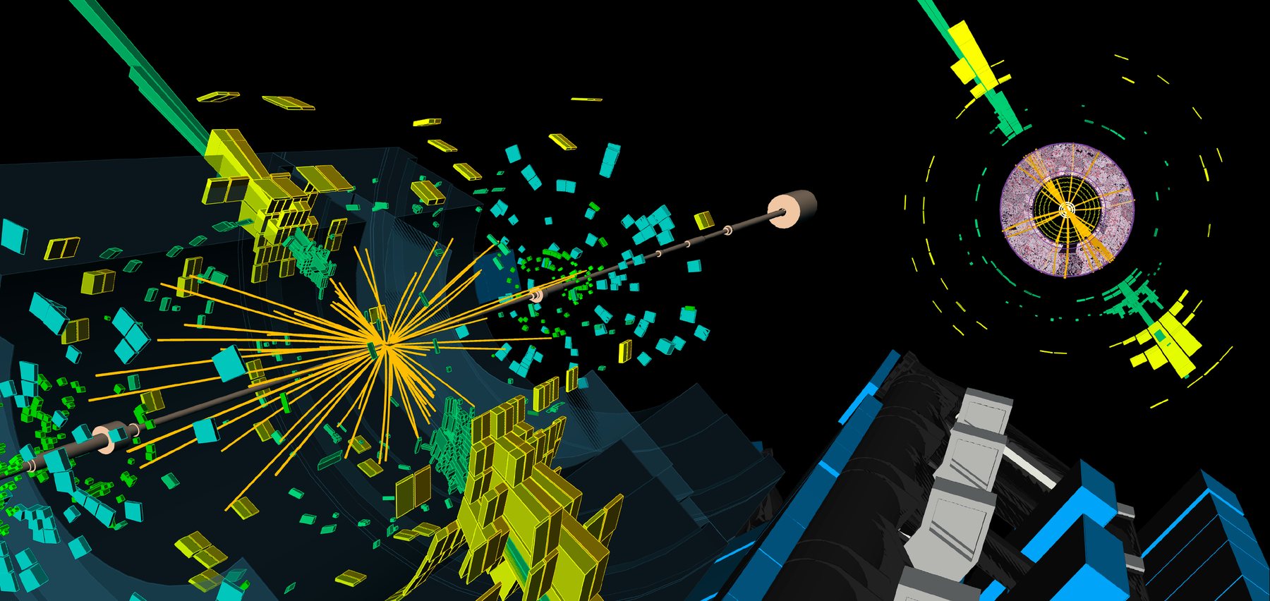 Visualización de un evento del experimento ATLAS (CERN) asociado al estudio de bosones de Higgs a altas energías