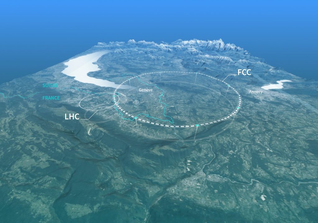 Vista aérea conceptual del Future Circular Collider en la región franco-suiza